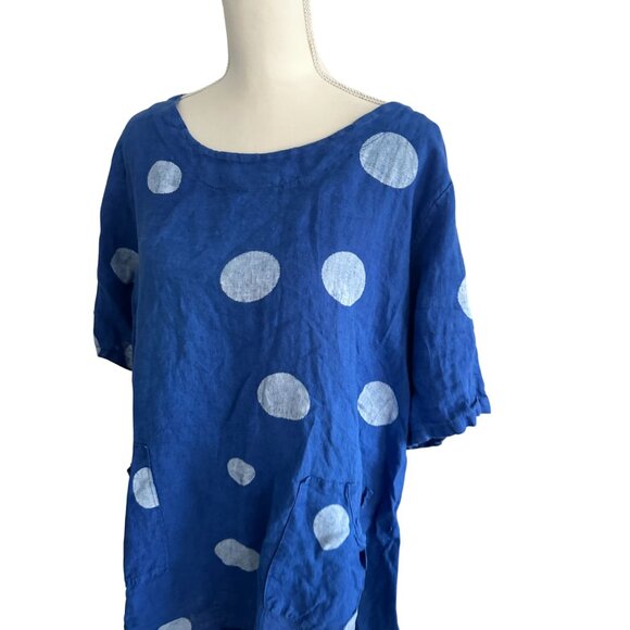 BELLE FRANCE Blue Polka Dot Linen Blend Top Size Medium - Picture 5 of 7